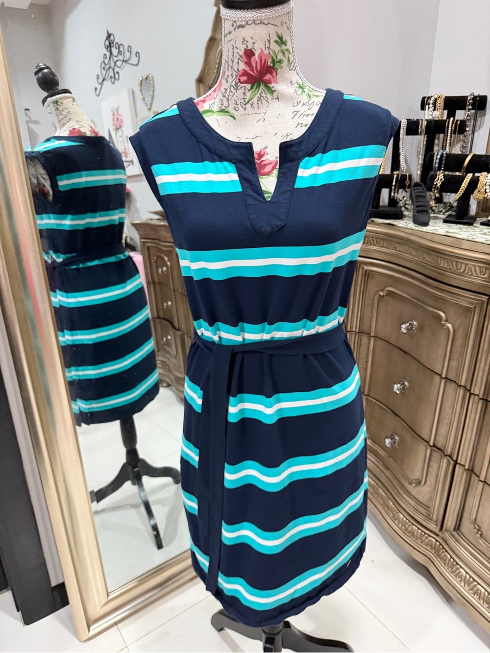 Tommy Hilfiger Navy Midi Dress with Aqua & White Stripes